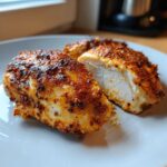 Close-up of two seasoned Air Fryer Boneless Chicken Thighs on a white plate, one cut to show juicy white interior.