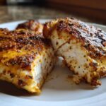 Close-up of perfectly cooked Air Fryer Boneless Chicken Thighs, showing the juicy white interior and seasoned, golden-brown exterior.