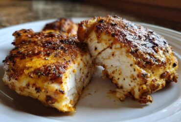 Close-up of perfectly cooked Air Fryer Boneless Chicken Thighs, showing the juicy white interior and seasoned, golden-brown exterior.