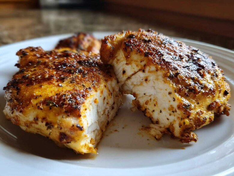 Close-up of perfectly cooked Air Fryer Boneless Chicken Thighs, showing the juicy white interior and seasoned, golden-brown exterior.