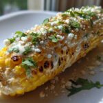 Close-up of a fully loaded Air Fryer Corn on the Cob topped with creamy sauce, cotija cheese, and cilantro.