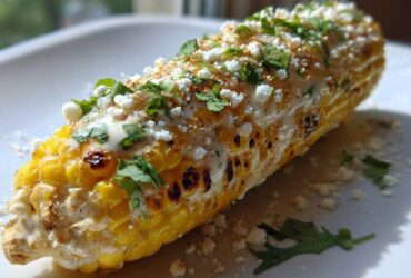 Close-up of a fully loaded Air Fryer Corn on the Cob topped with creamy sauce, cotija cheese, and cilantro.