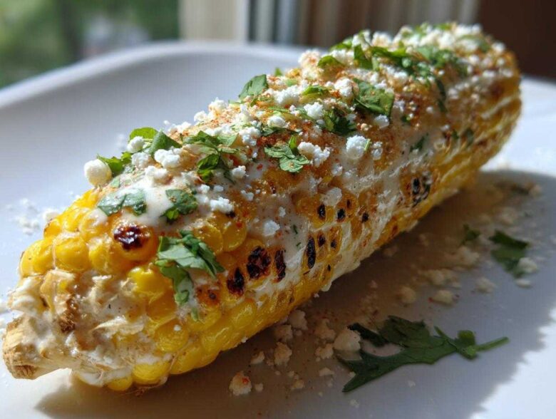 Close-up of a fully loaded Air Fryer Corn on the Cob topped with creamy sauce, cotija cheese, and cilantro.