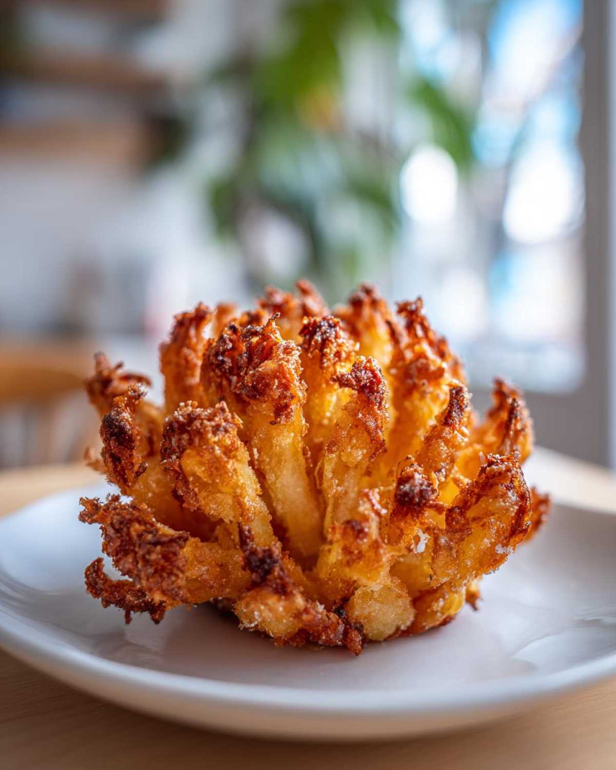 A perfectly cooked Air Fryer Crispy Mini Blooming Onion Golden Fun, golden brown and served on a white plate.