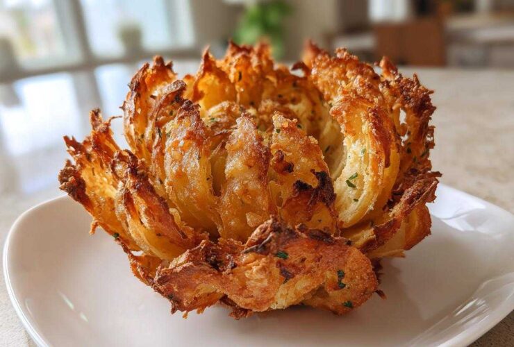A perfectly cooked Air Fryer Crispy Mini Blooming Onions Golden Fun served on a white plate.