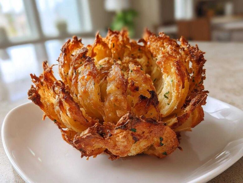 A perfectly cooked Air Fryer Crispy Mini Blooming Onions Golden Fun served on a white plate.