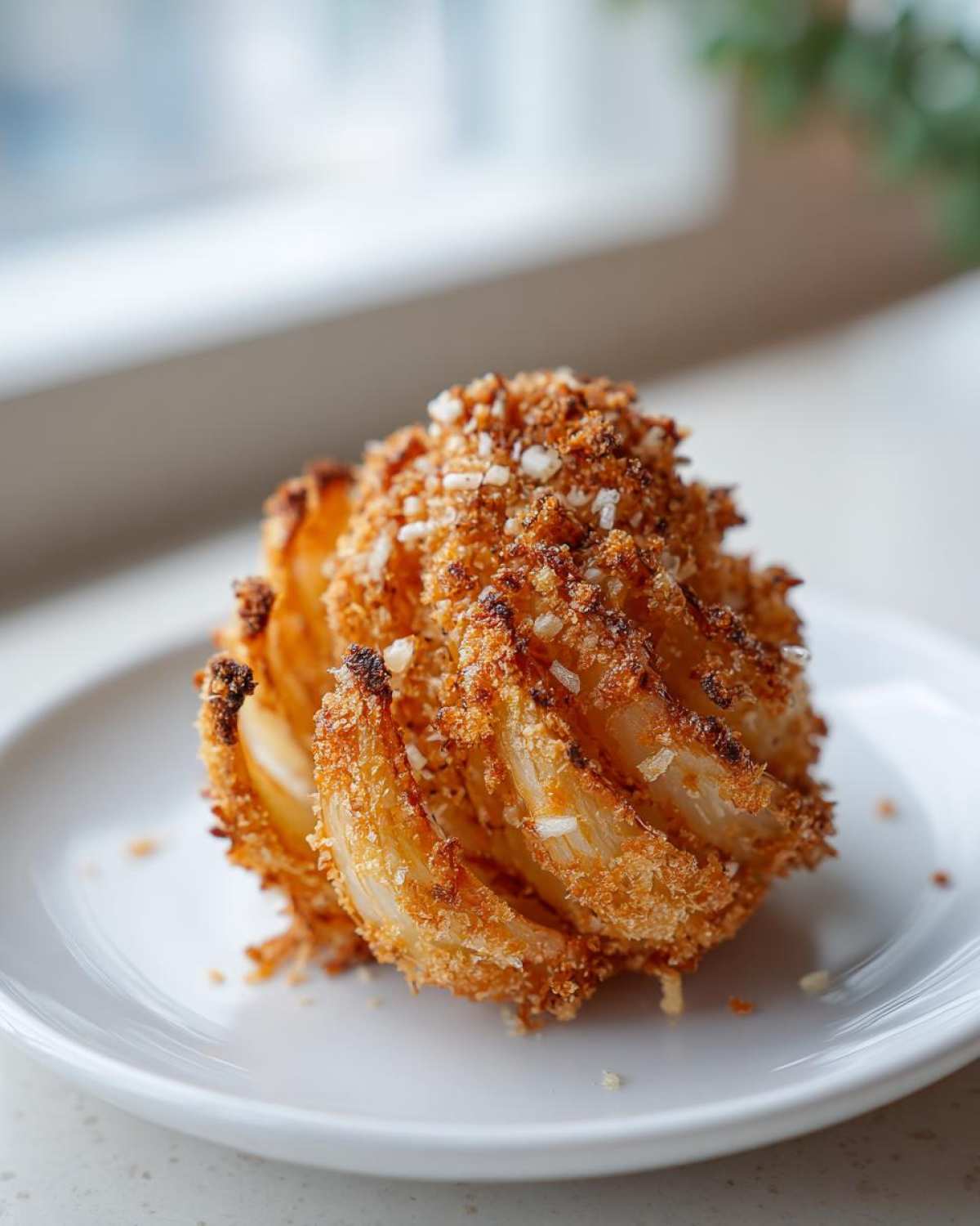 A perfectly cooked Air Fryer Crispy Mini Blooming Onion with golden brown breading served on a white plate.