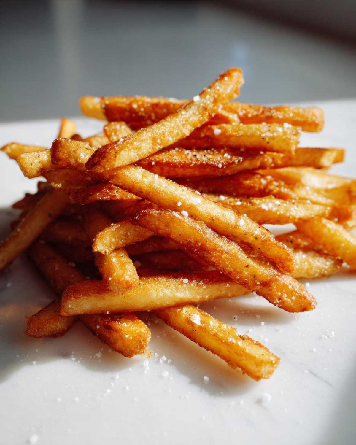 A close-up pile of golden brown, crispy Air Fryer French Fries sprinkled with coarse salt.