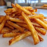 A close-up pile of golden brown, crispy Air Fryer French Fries sprinkled generously with coarse salt.