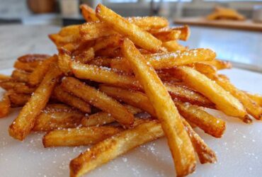 A close-up pile of golden brown, crispy Air Fryer French Fries sprinkled generously with coarse salt.