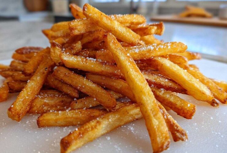 A close-up pile of golden brown, crispy Air Fryer French Fries sprinkled generously with coarse salt.