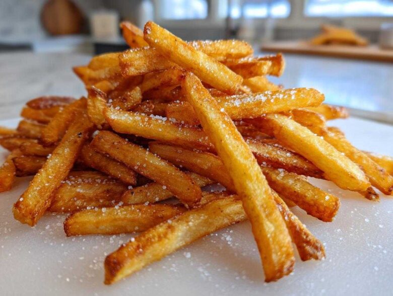 A close-up pile of golden brown, crispy Air Fryer French Fries sprinkled generously with coarse salt.