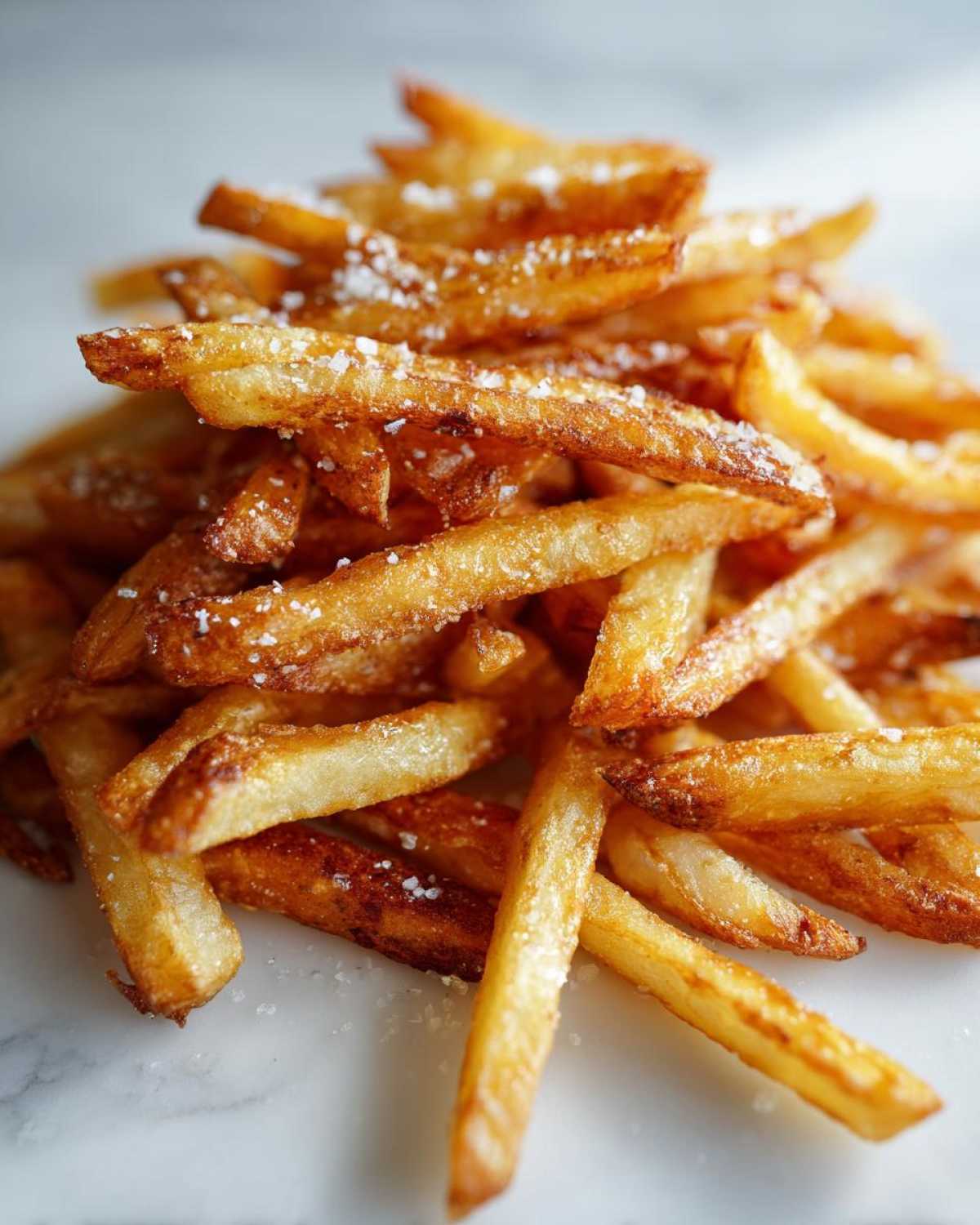 Close-up of a pile of golden brown Air Fryer French Fries sprinkled generously with coarse sea salt.