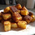 Close-up of golden brown, cubed Air Fryer Potatoes seasoned heavily with spices, piled on a white plate.