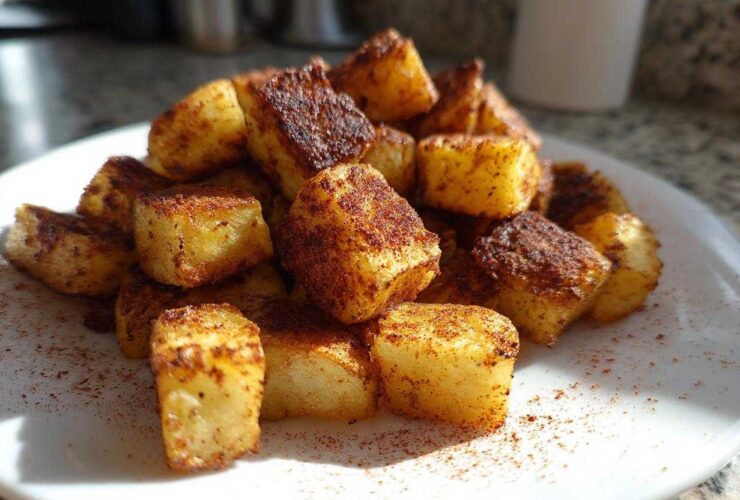 Close-up of golden brown, cubed Air Fryer Potatoes seasoned heavily with spices, piled on a white plate.