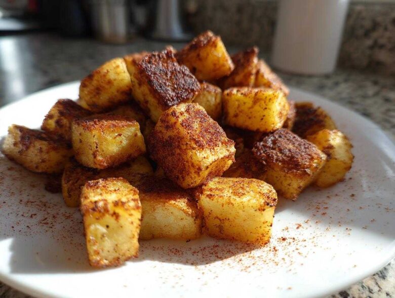 Close-up of golden brown, cubed Air Fryer Potatoes seasoned heavily with spices, piled on a white plate.