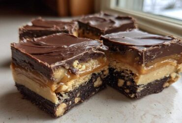 Close-up of several squares of Amazing Snickers Fudge showing distinct layers: chocolate topping, caramel/peanuts, peanut butter, and a dense brownie base.