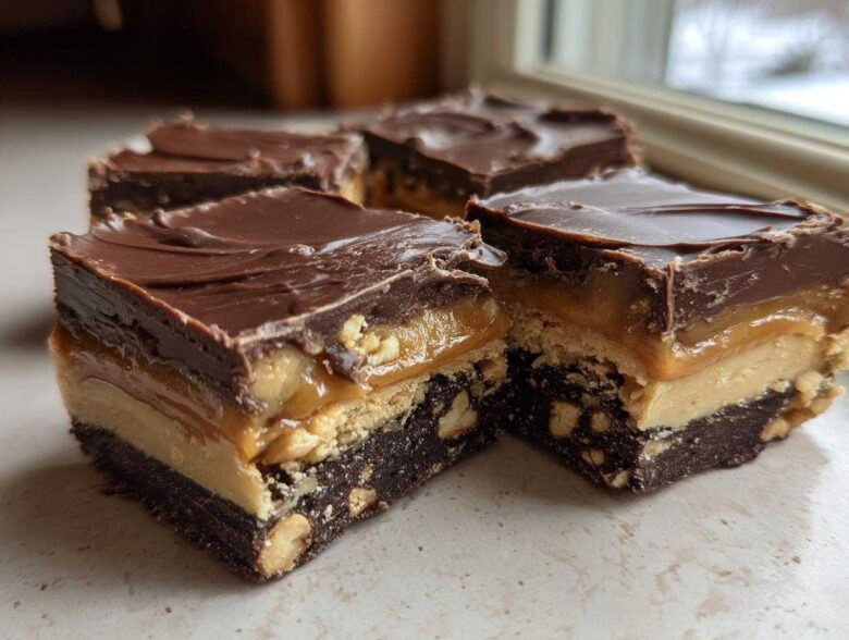 Close-up of several squares of Amazing Snickers Fudge showing distinct layers: chocolate topping, caramel/peanuts, peanut butter, and a dense brownie base.