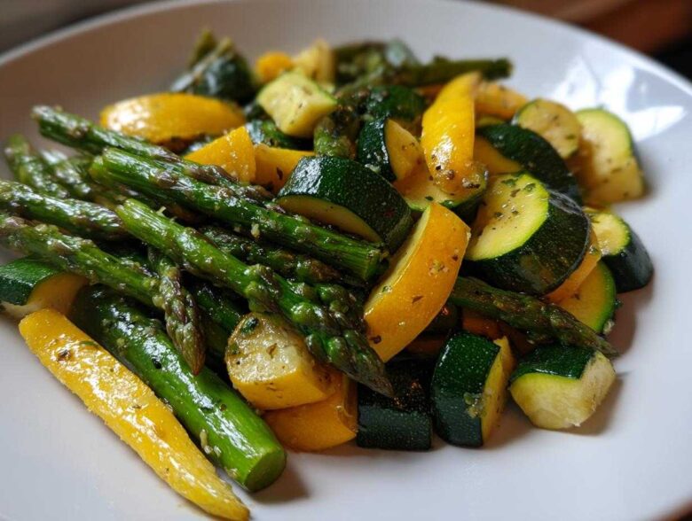 Close-up of sautéed Asparagus with Zucchini and Squash pieces seasoned with herbs.