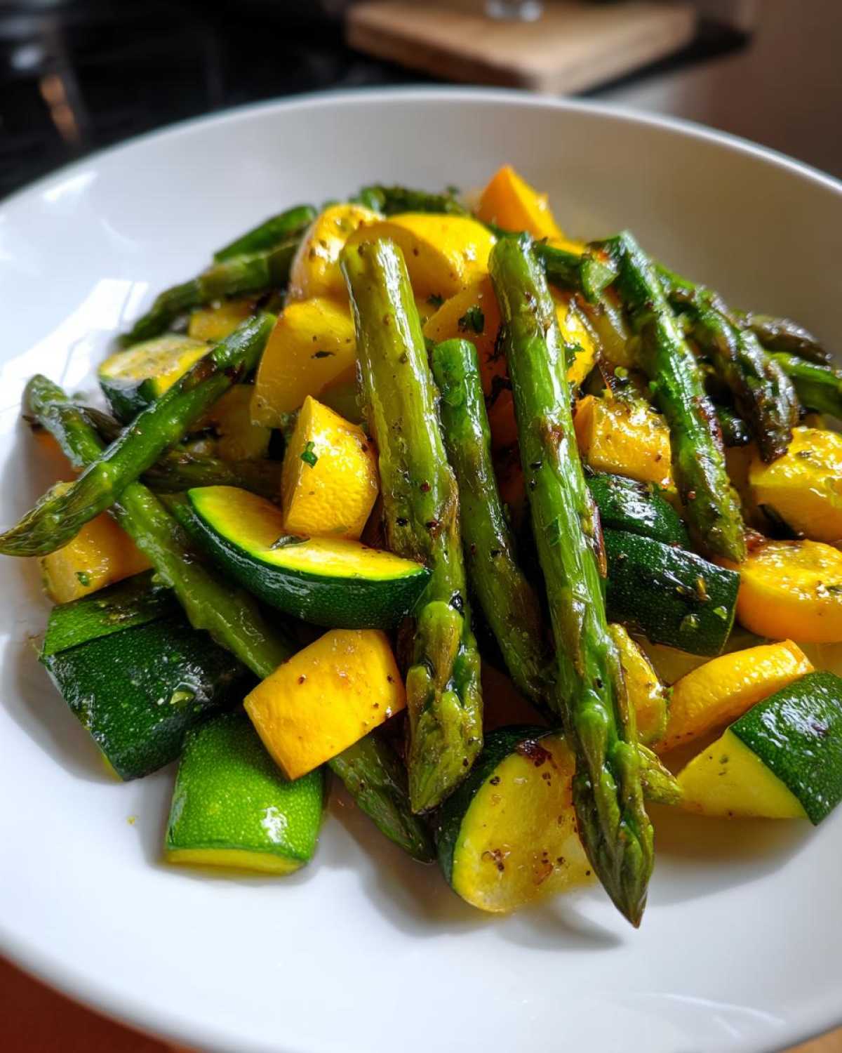 Close-up of vibrant, sautéed Asparagus with Zucchini and Squash, seasoned and served in a white bowl.