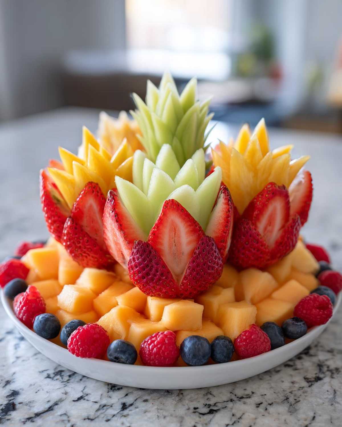 A stunning Baby Bloom Fruit Platter centerpiece featuring carved cantaloupe, honeydew, strawberries, blueberries, and raspberries.