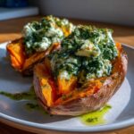 Two halves of baked sweet potatoes generously filled with creamy spinach ricotta and topped with an herb drizzle.