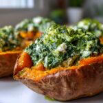 Close-up of baked sweet potatoes with creamy spinach ricotta and herb drizzle filling.