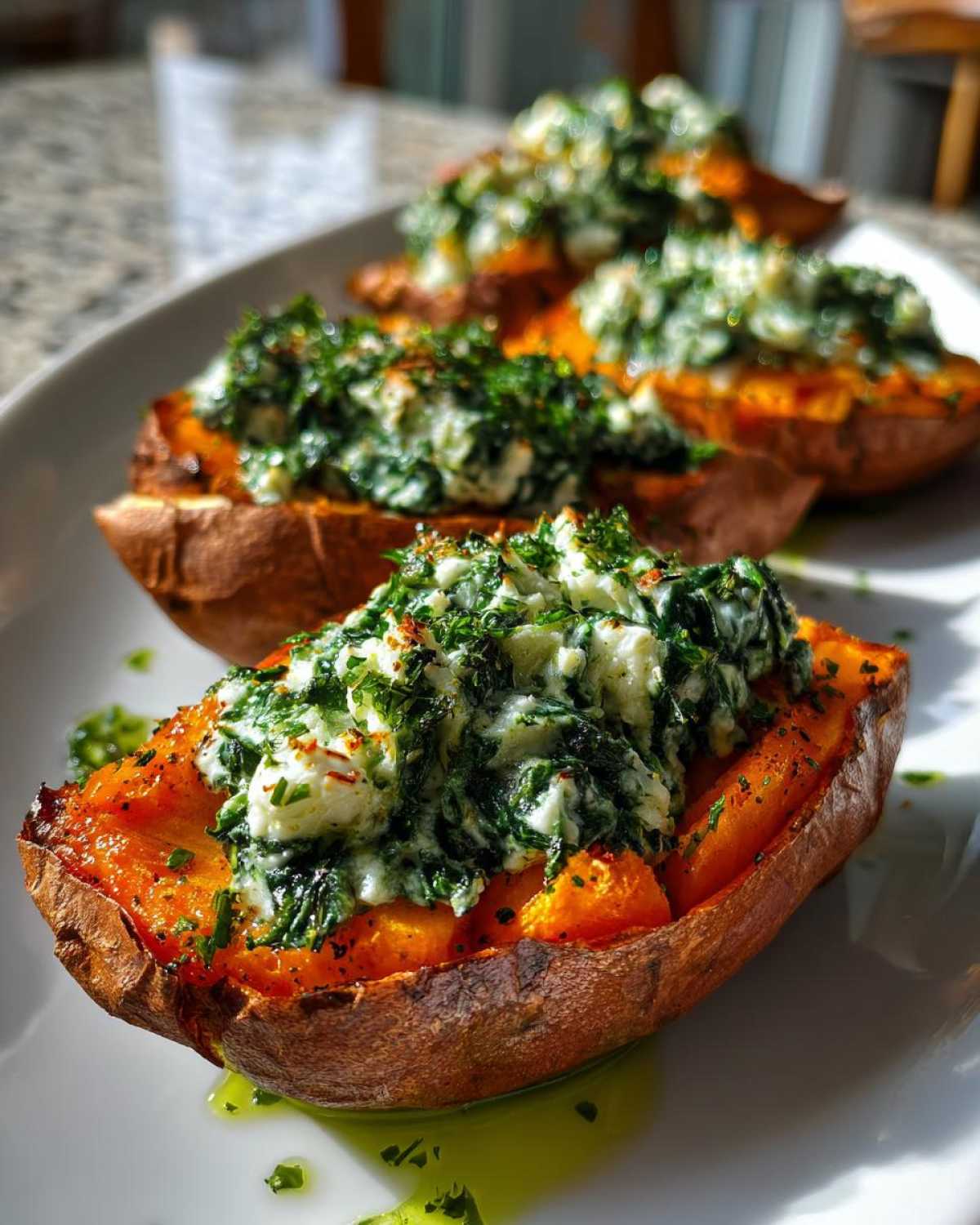 Close-up of baked sweet potatoes with creamy spinach ricotta and herb drizzle served on a white platter.