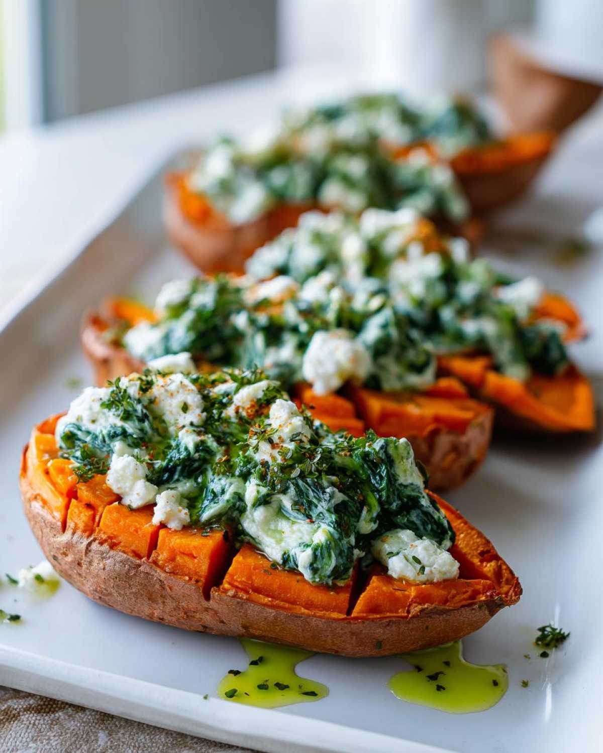 Close-up of baked sweet potatoes with creamy spinach ricotta and herb drizzle served on a white platter.