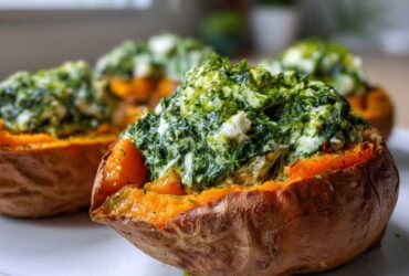 Close-up of baked sweet potatoes with creamy spinach ricotta and herb drizzle filling.