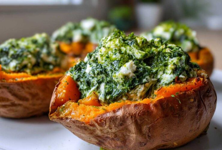 Close-up of baked sweet potatoes with creamy spinach ricotta and herb drizzle filling.