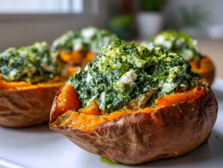 Close-up of baked sweet potatoes with creamy spinach ricotta and herb drizzle filling.