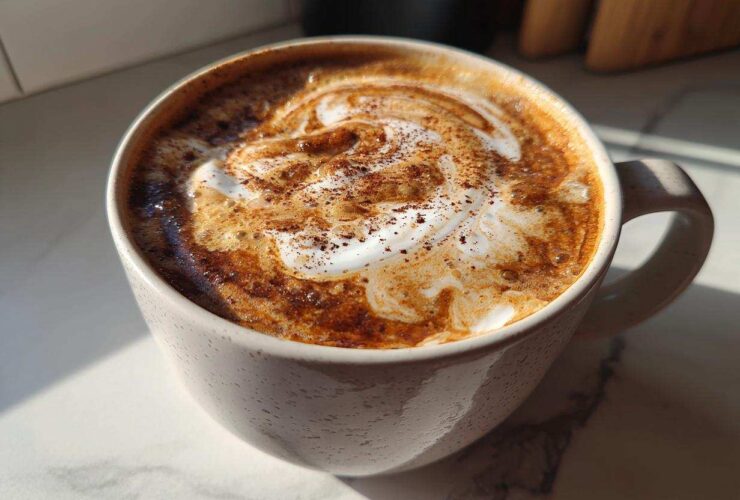 Close-up of a creamy Banana Bread Latte topped with foamed milk swirl and cinnamon spice.