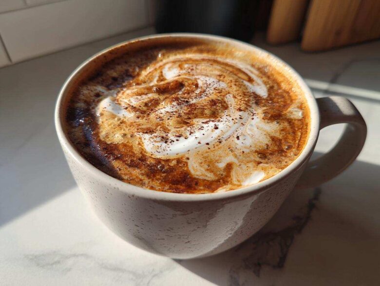 Close-up of a creamy Banana Bread Latte topped with foamed milk swirl and cinnamon spice.