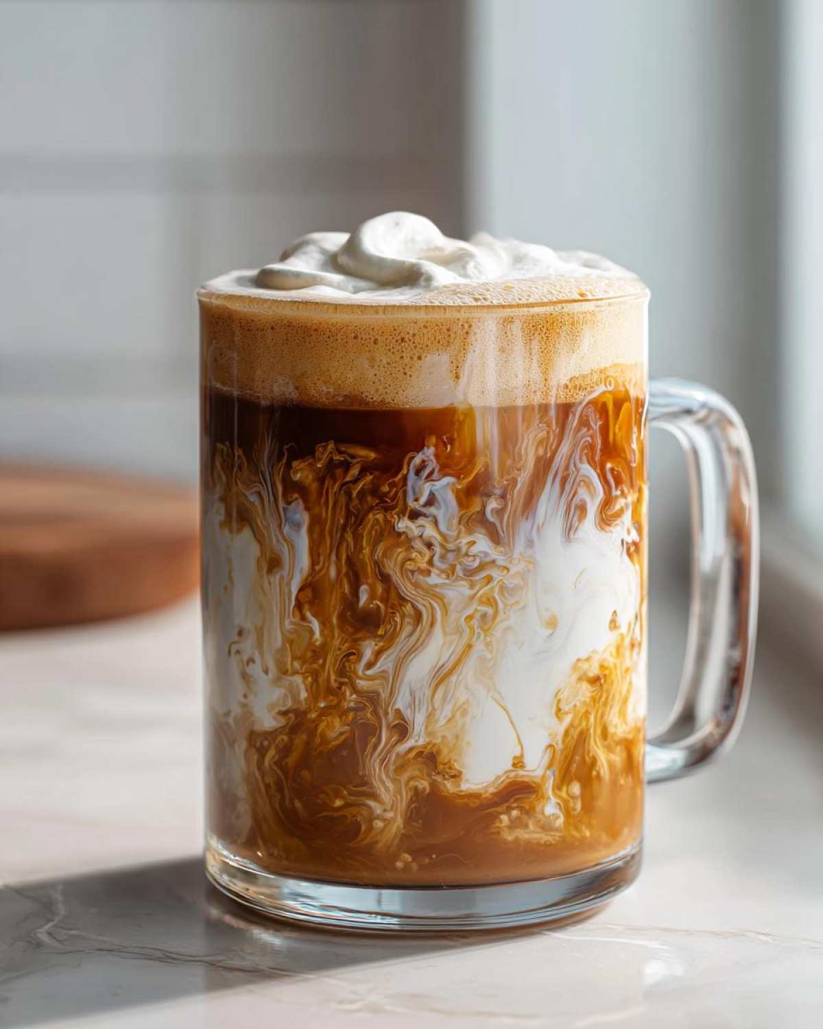 Close-up of a glass mug containing a Banana Bread Latte with milk swirling into the coffee and topped with whipped cream.