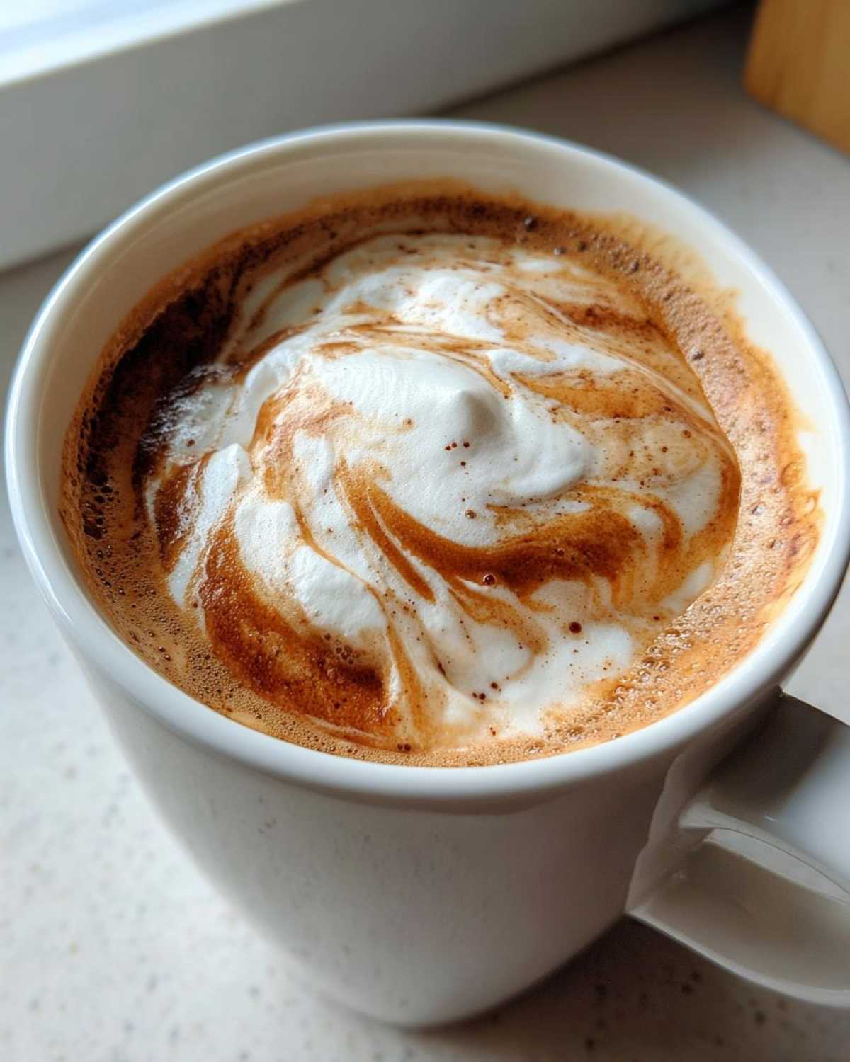 Close-up of a white mug filled with a Banana Bread Latte, topped with swirled foam and cinnamon.