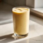 A tall glass filled with a creamy, light brown Banana Chamomile Tea Smoothie sitting on a bright countertop.