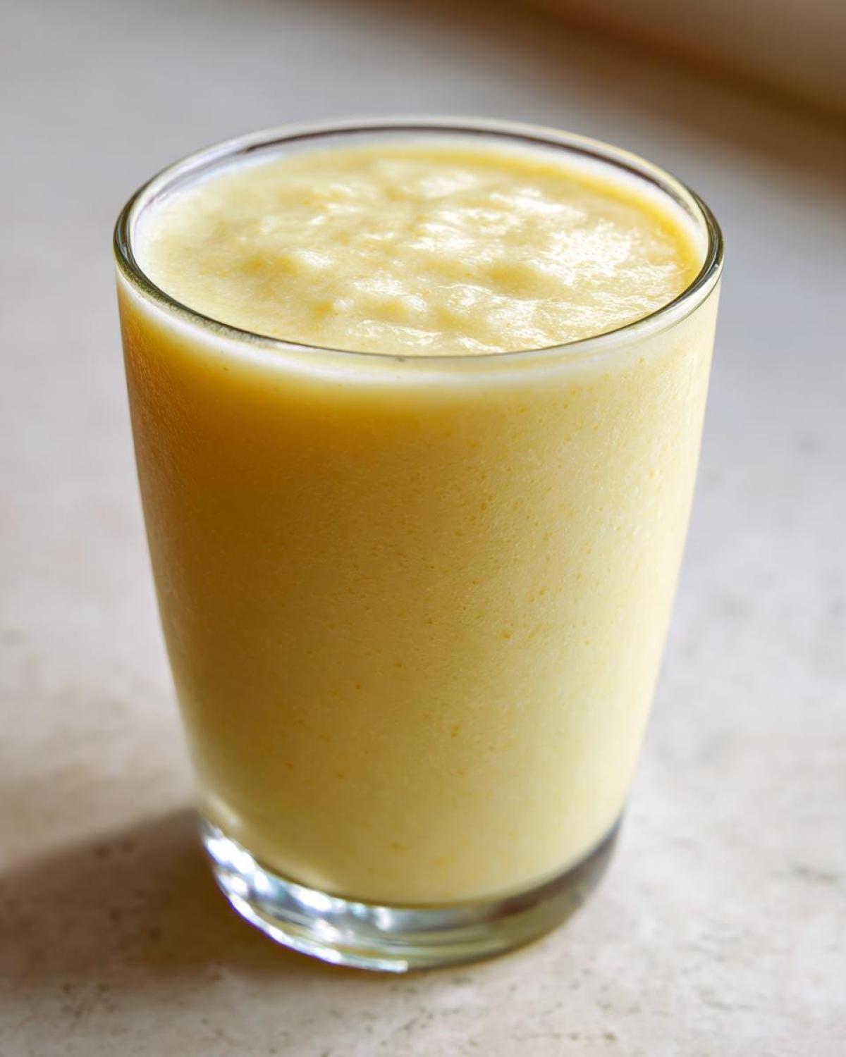 Close-up of a thick, pale yellow Banana Chamomile Tea Smoothie served in a tall glass.
