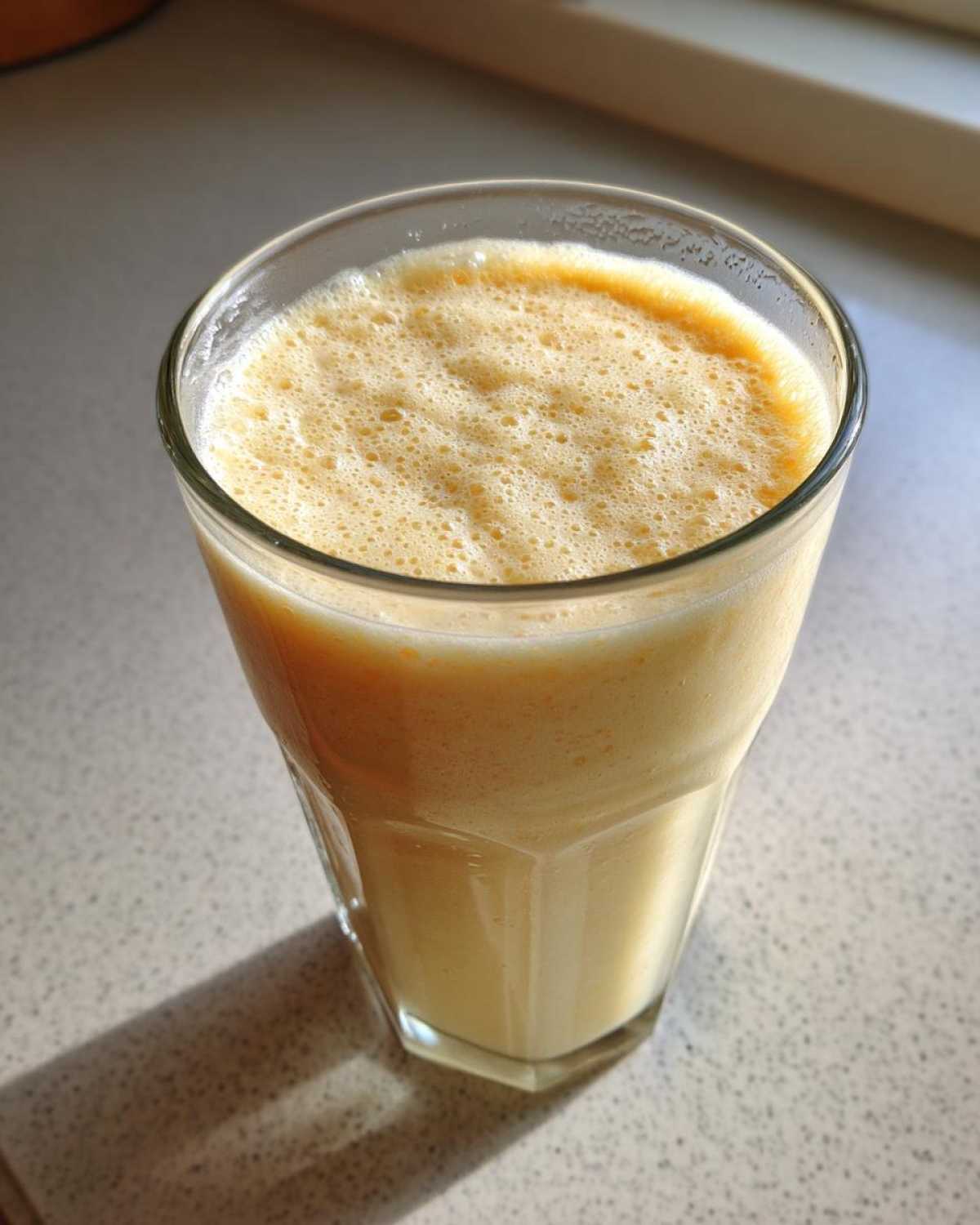 Close-up of a thick, foamy Banana Chamomile Tea Smoothie in a clear glass on a speckled countertop.