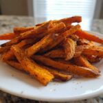 A close-up of a pile of Best Ever Crispy Oven Baked Sweet Potato Fries seasoned with spices on a white plate.