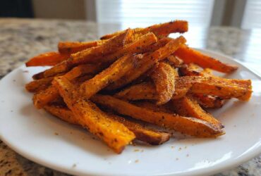 A close-up of a pile of Best Ever Crispy Oven Baked Sweet Potato Fries seasoned with spices on a white plate.