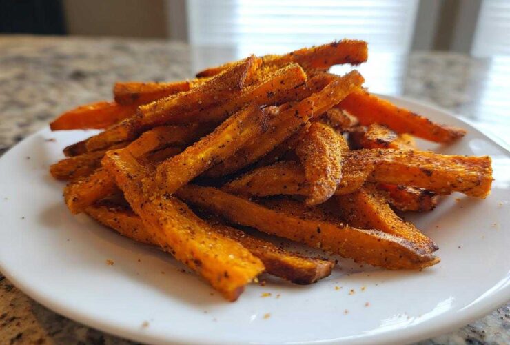 A close-up of a pile of Best Ever Crispy Oven Baked Sweet Potato Fries seasoned with spices on a white plate.