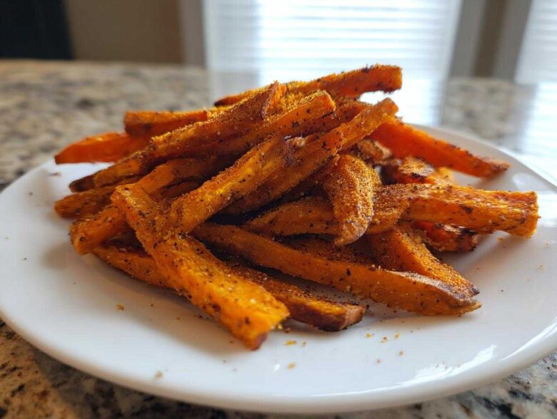 A close-up of a pile of Best Ever Crispy Oven Baked Sweet Potato Fries seasoned with spices on a white plate.
