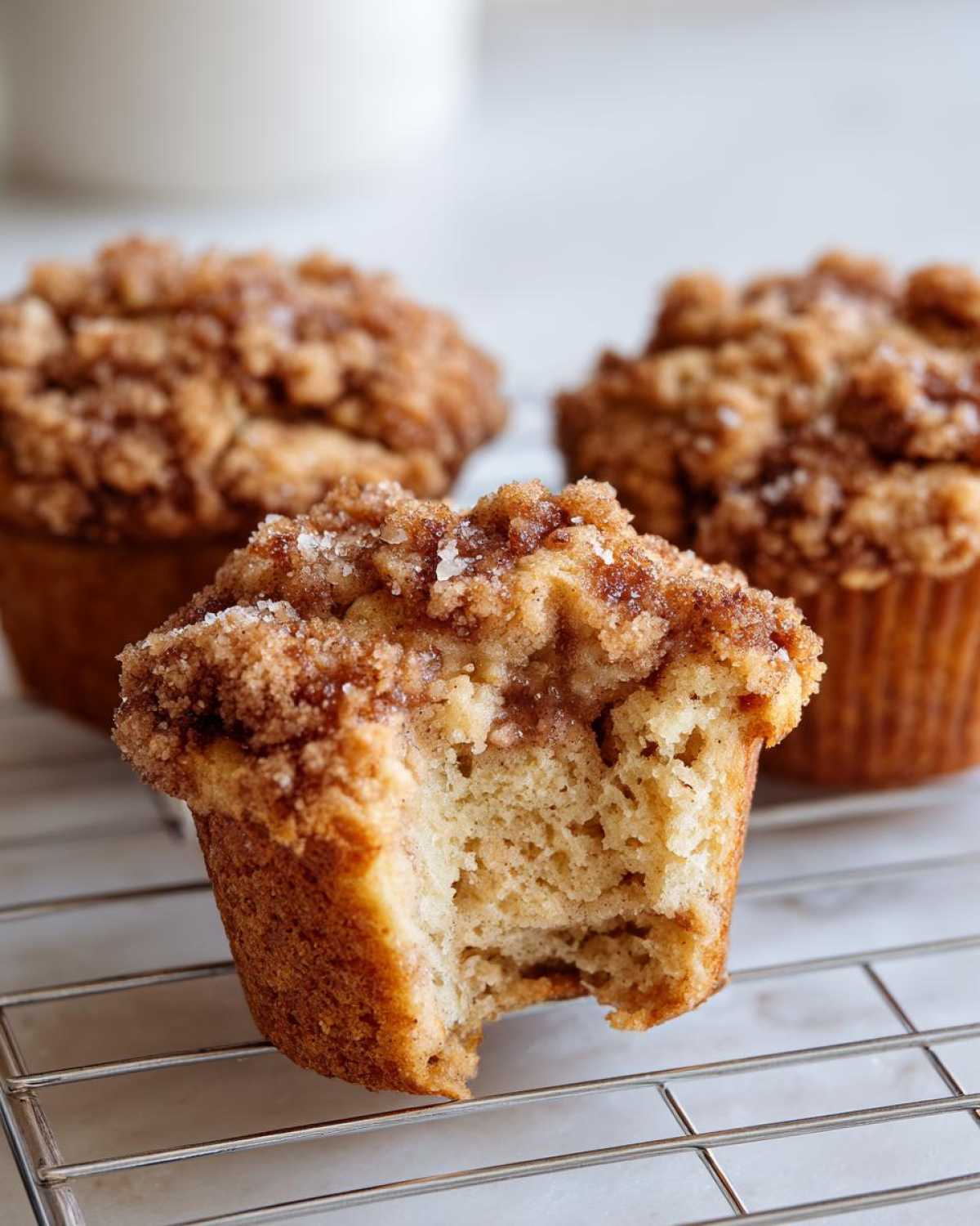 Close-up of a Coffee Cake Muffins with a bite taken out, showing the moist interior and thick cinnamon streusel topping.