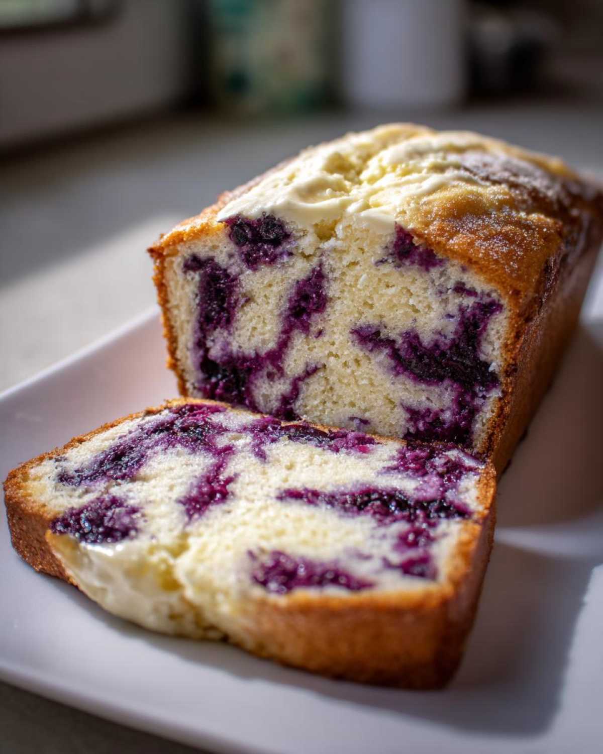 A close-up of a freshly baked Blueberry Cream Cheese Bread Loaf, sliced to show the purple blueberry swirls in the light batter.