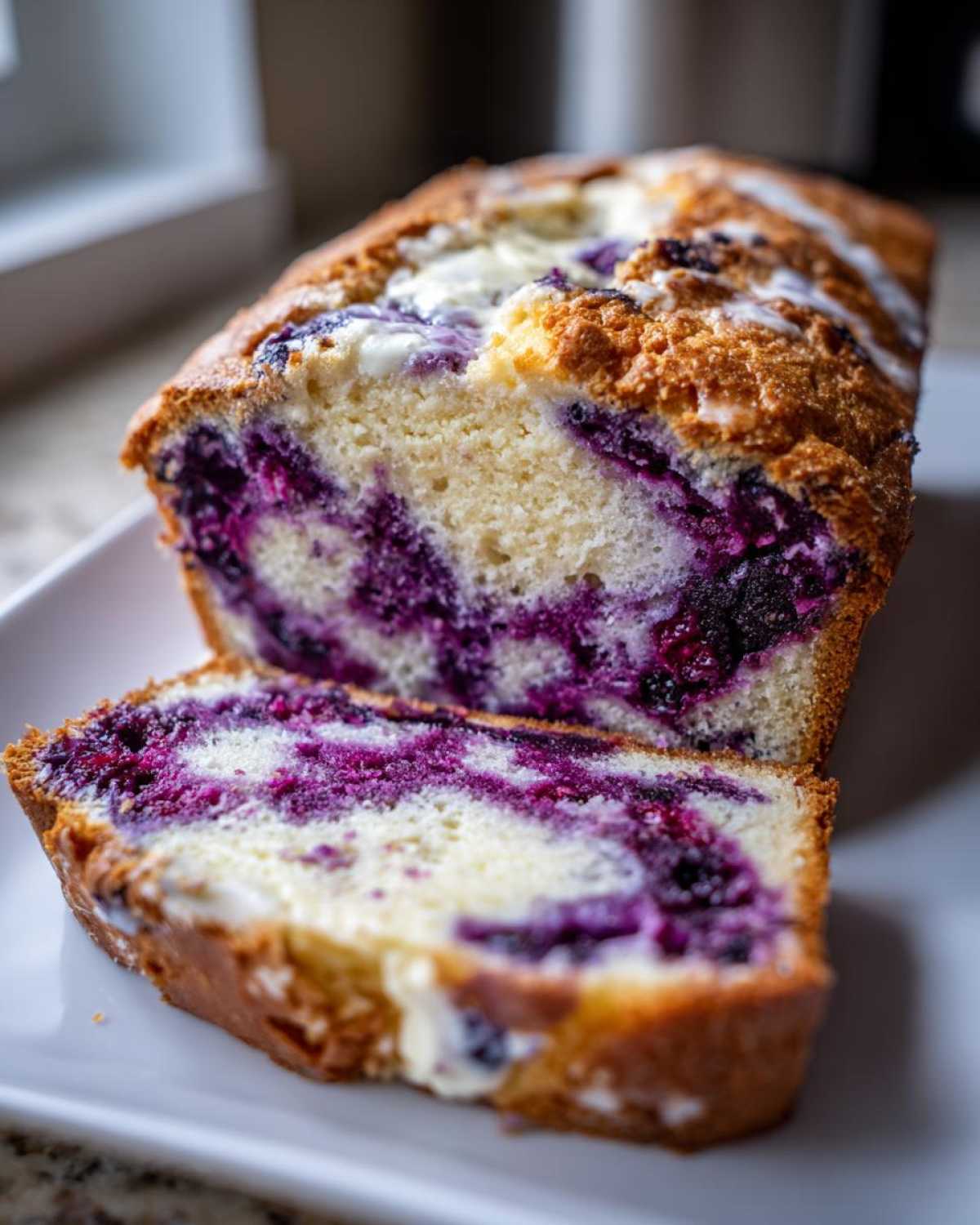 A close-up of a sliced Blueberry Cream Cheese Bread Loaf showing swirls of purple blueberry filling and a light glaze on top.