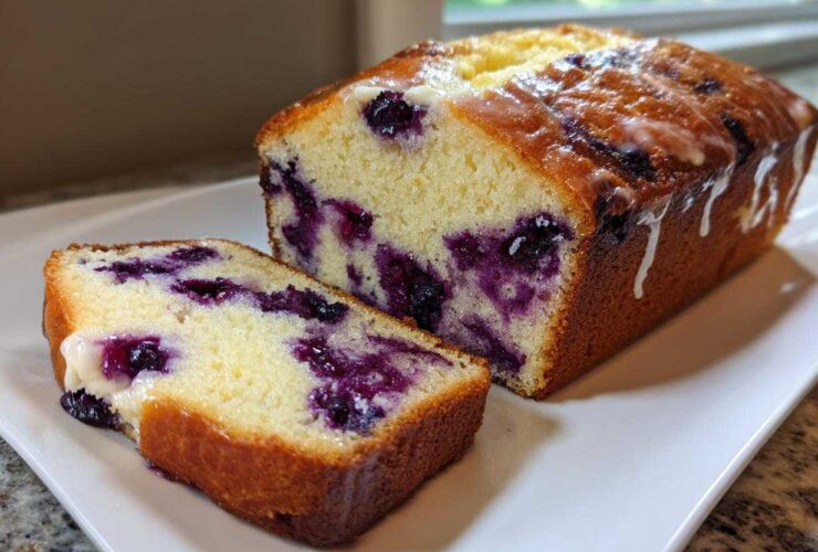 A sliced Blueberry Cream Cheese Bread Loaf with a sweet glaze drizzled over the top, showing rich interior blueberries.