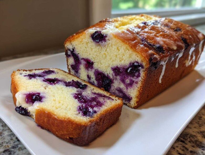 A sliced Blueberry Cream Cheese Bread Loaf with a sweet glaze drizzled over the top, showing rich interior blueberries.