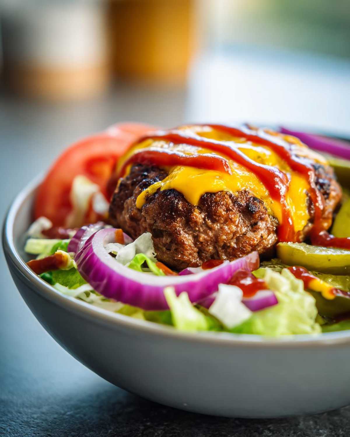 Close-up of a juicy cheeseburger patty topped with melted cheese and ketchup served over lettuce in a bowl, part of a Burger Bowls 30 Minute Dinner Idea.