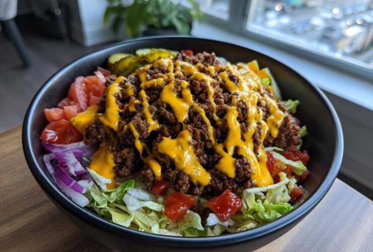 A close-up of a hearty Burger Bowls 30 Minute Dinner Idea featuring seasoned ground beef, melted cheese sauce, lettuce, tomatoes, and red onion.